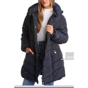 Steve Madden Women's Long Chevron Puffer Jacket Winter‎ with Hood Size S